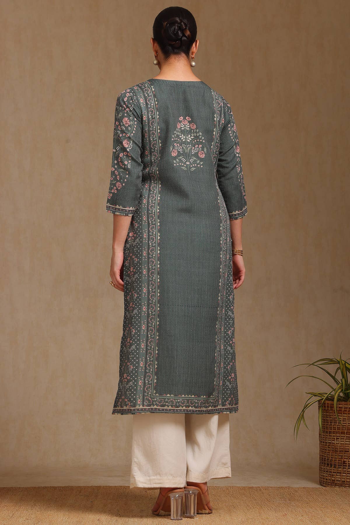 Olive Rayon Botanical Printed Kurta With Mirror Work - Image 5